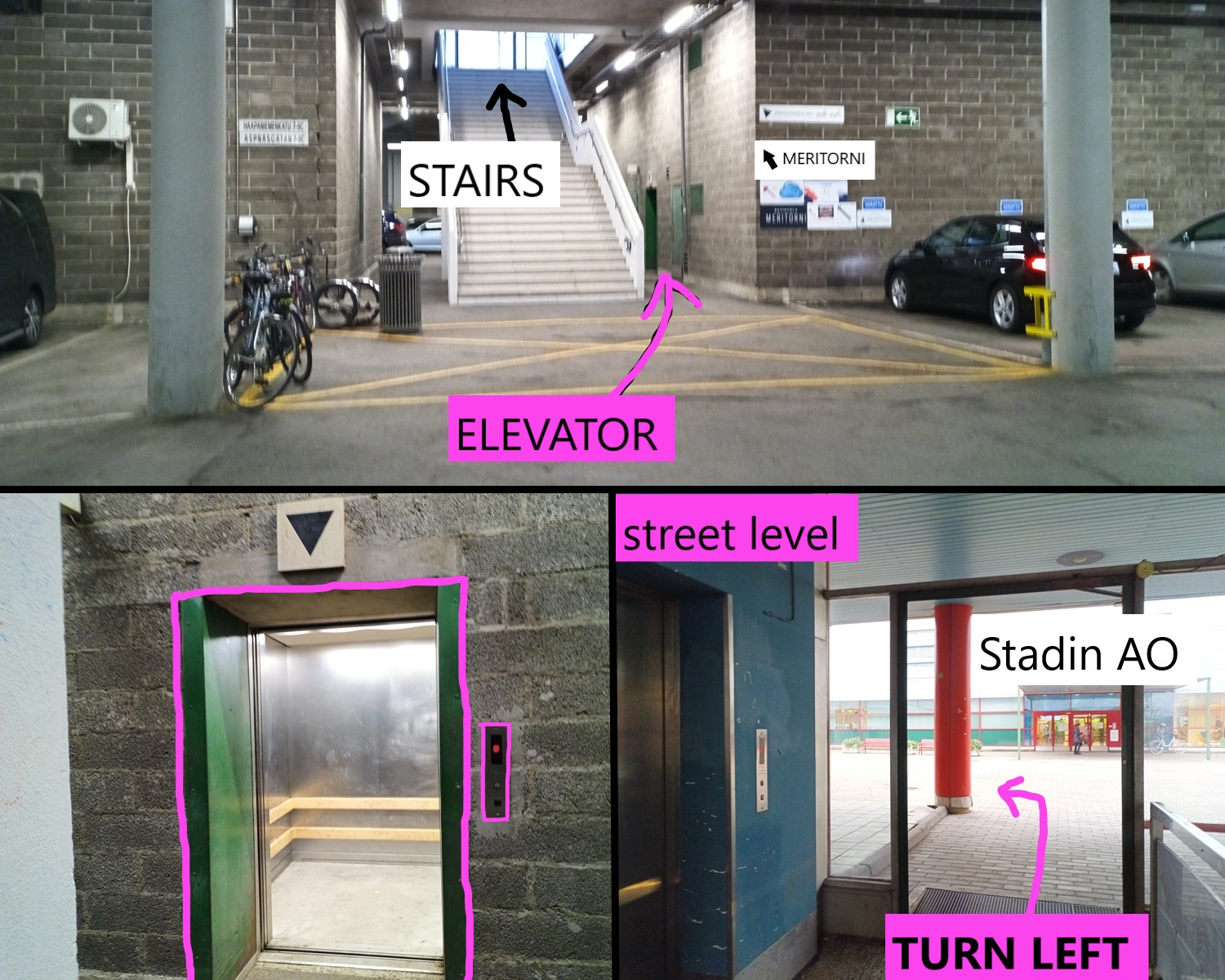 route from parking hall to meritorni